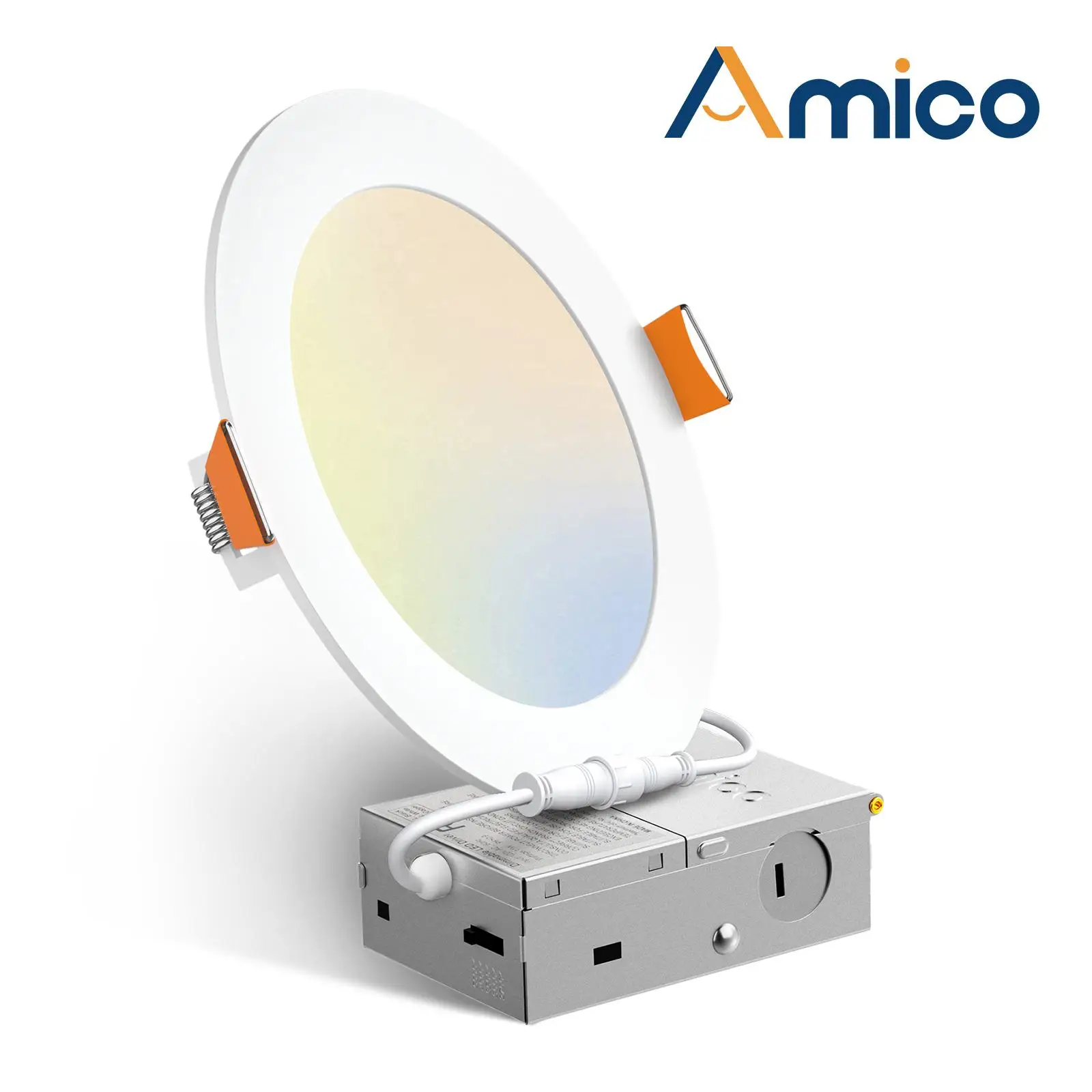 Round LED recessed light with orange clips next to a silver junction box