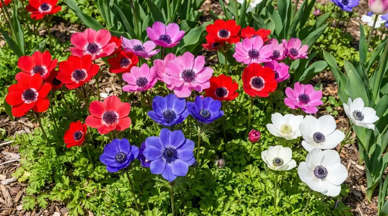 Colorful anemone flowers blooming in a spring garden.