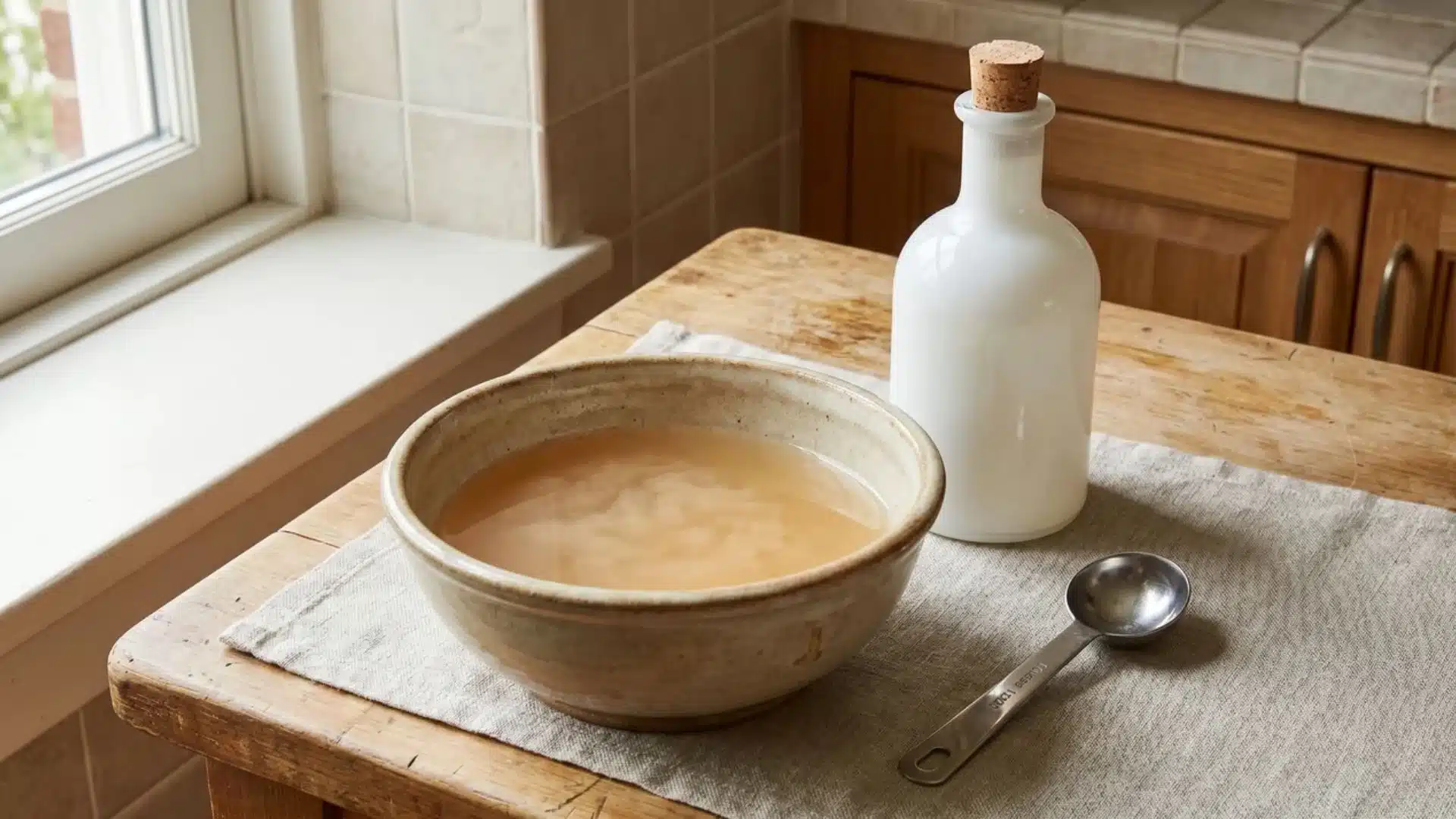 apple cider vinegar rinse mixture in bowl for buildup removal