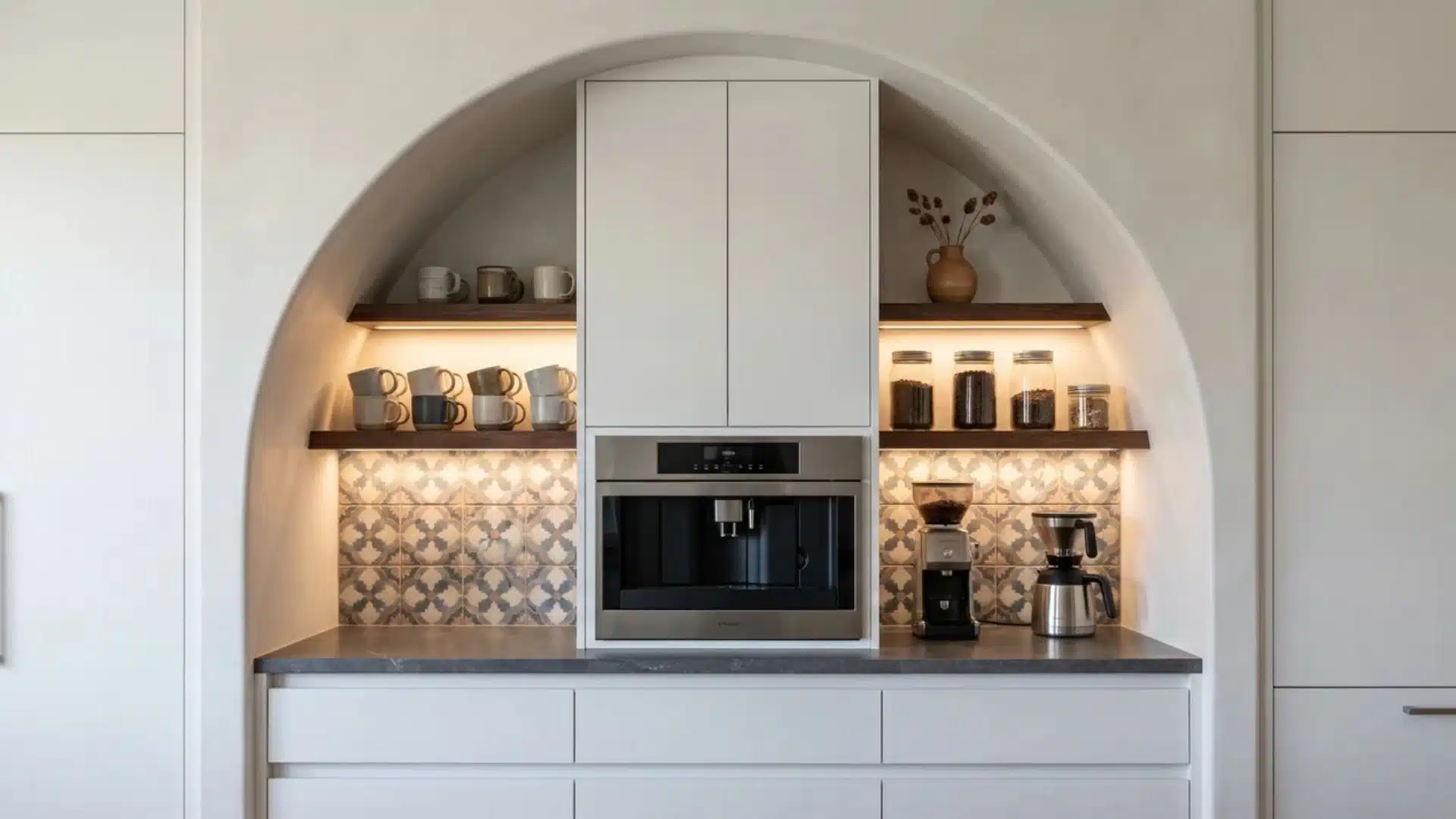 Arched niche coffee bar with open shelves, patterned backsplash, under-shelf lighting, espresso machine, mugs, and jars.
