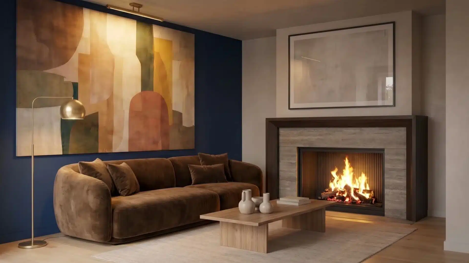 Fully styled living room with navy wall, canvas, picture light, velvet sofa, vase, and a stone fireplace anchor.