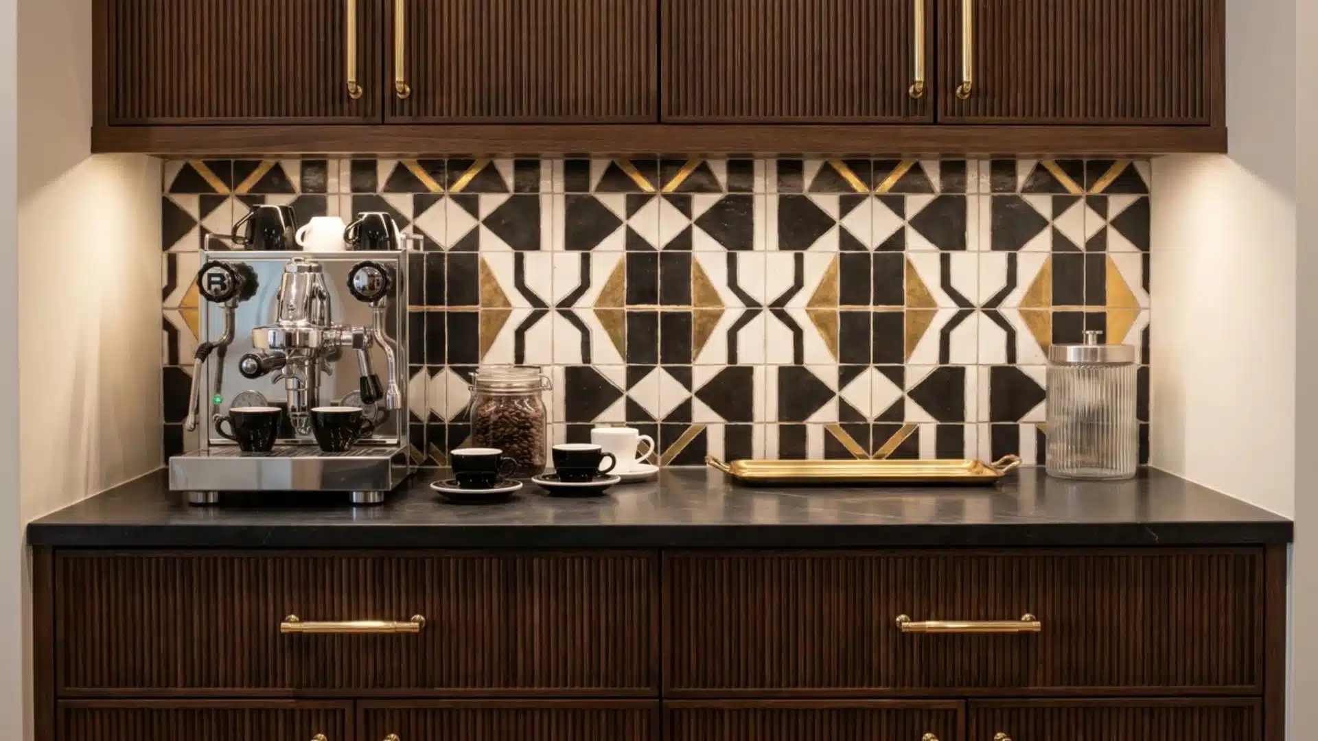 Art Deco coffee bar with fluted cabinets, geometric tile, gold hardware, espresso cups, glass jar, and dark countertop.