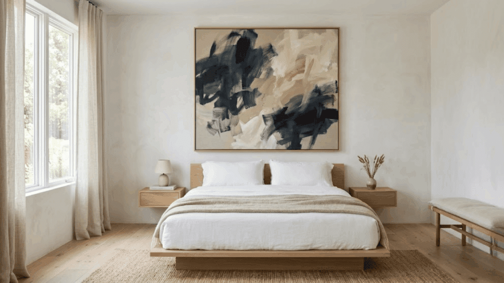 art piece on the wall gives minimalist and simple look for small bedrrom