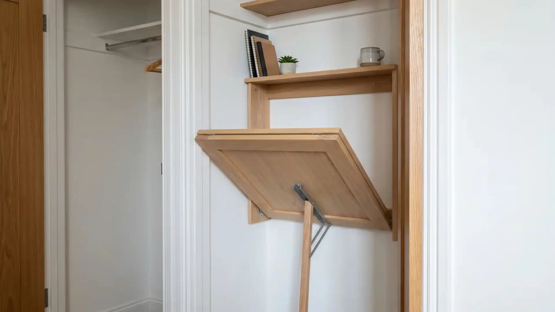 closet with fold-down wall desk open inside, shelf above and open floor space below