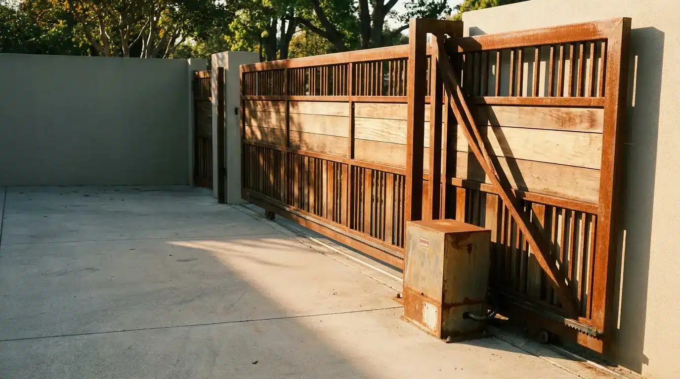 Wooden sliding gate with rusted metal frame on concrete driveway under sunlight