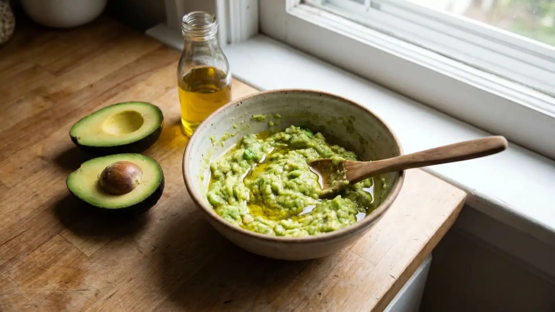 avocado and olive oil mixture in bowl for damaged hair mask