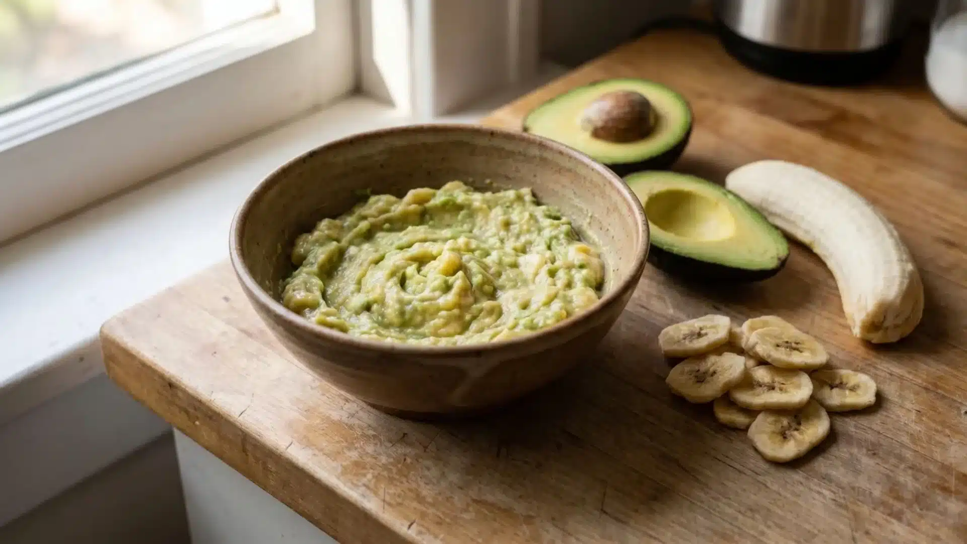 avocado and banana mixture in bowl for dry curls mask