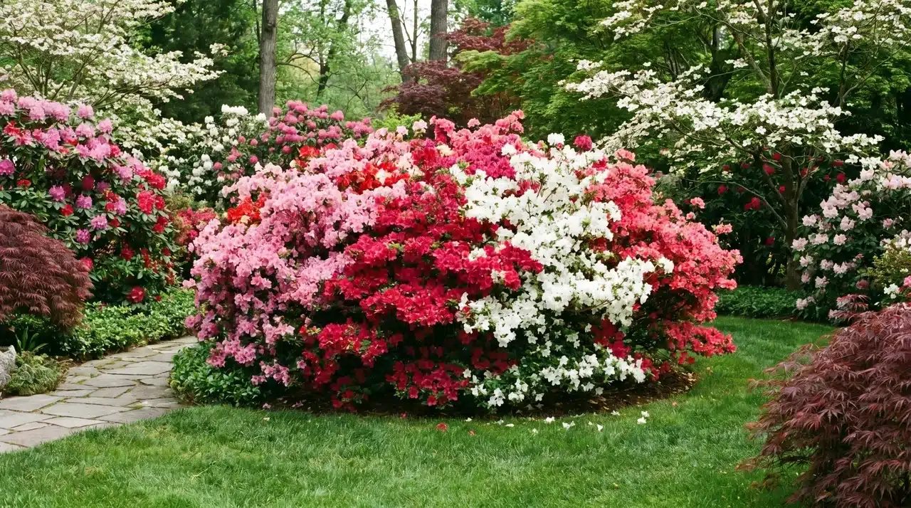 Flowering azalea shrub covered in colorful spring blooms.