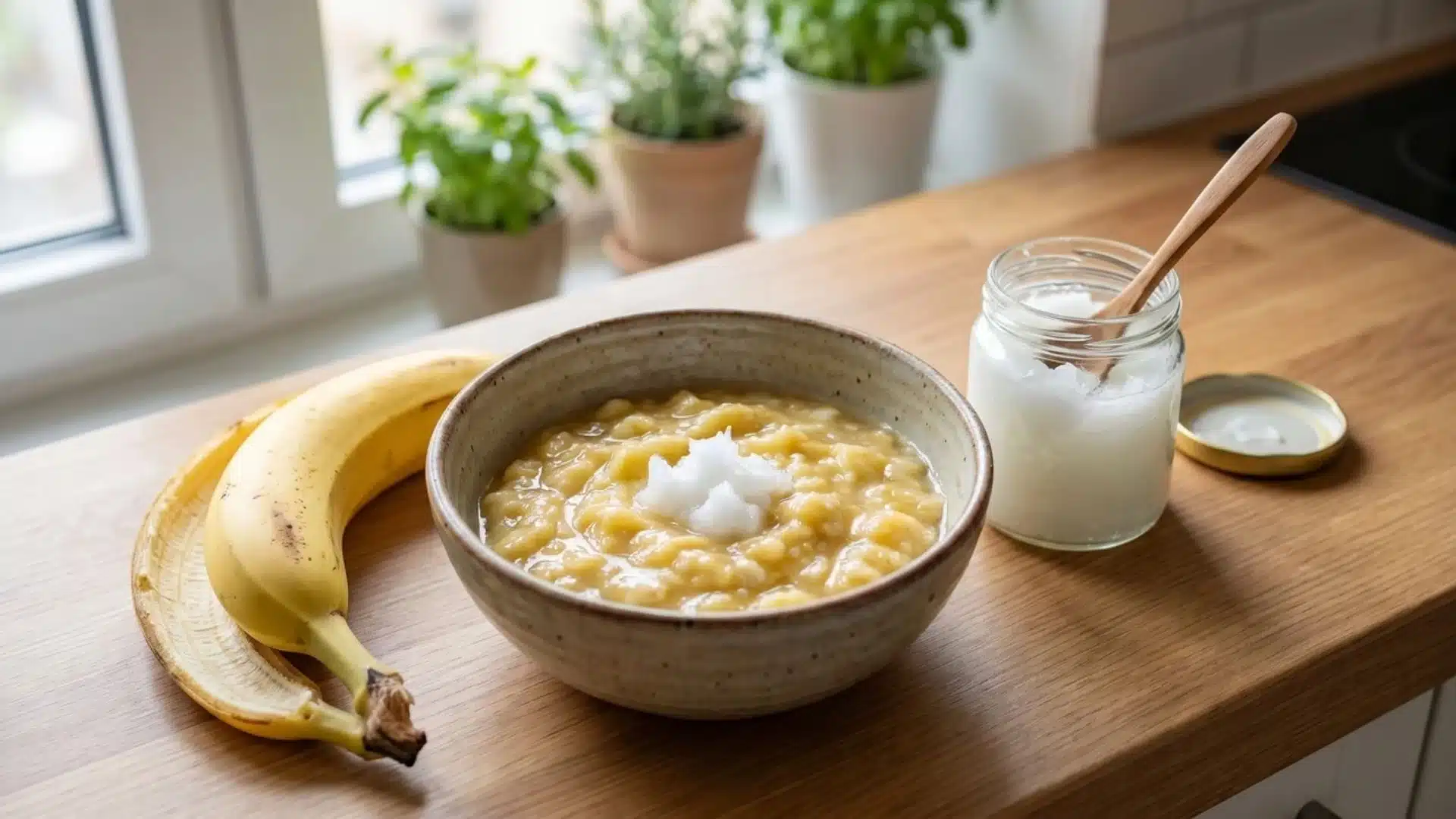 banana and coconut oil mixture in bowl for curly hair mask