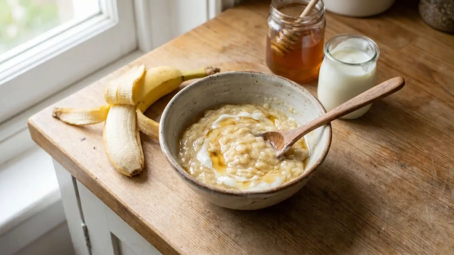 banana yogurt and honey mixture in bowl for frizzy hair mask