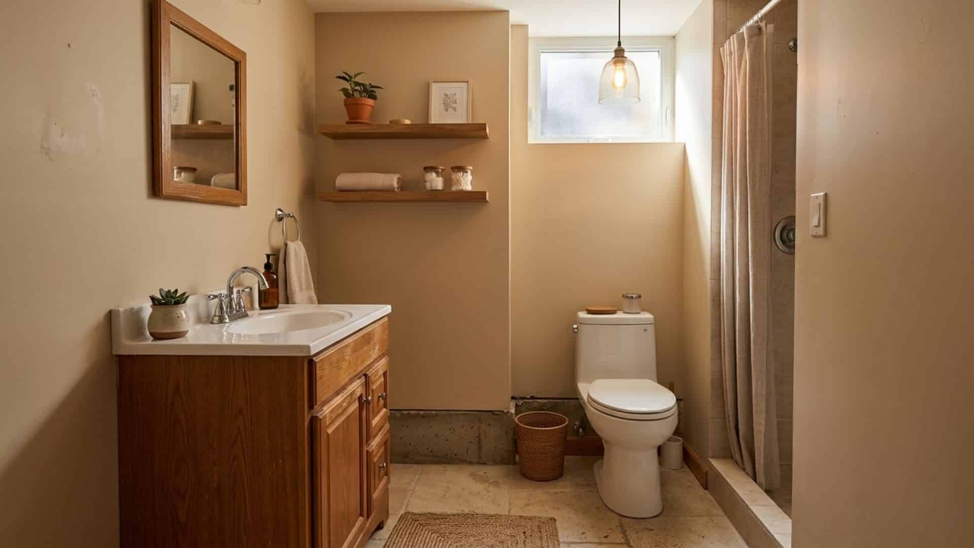 basement bathroom with wood vanity shelves warm tones cozy lighting and natural comfortable interior design