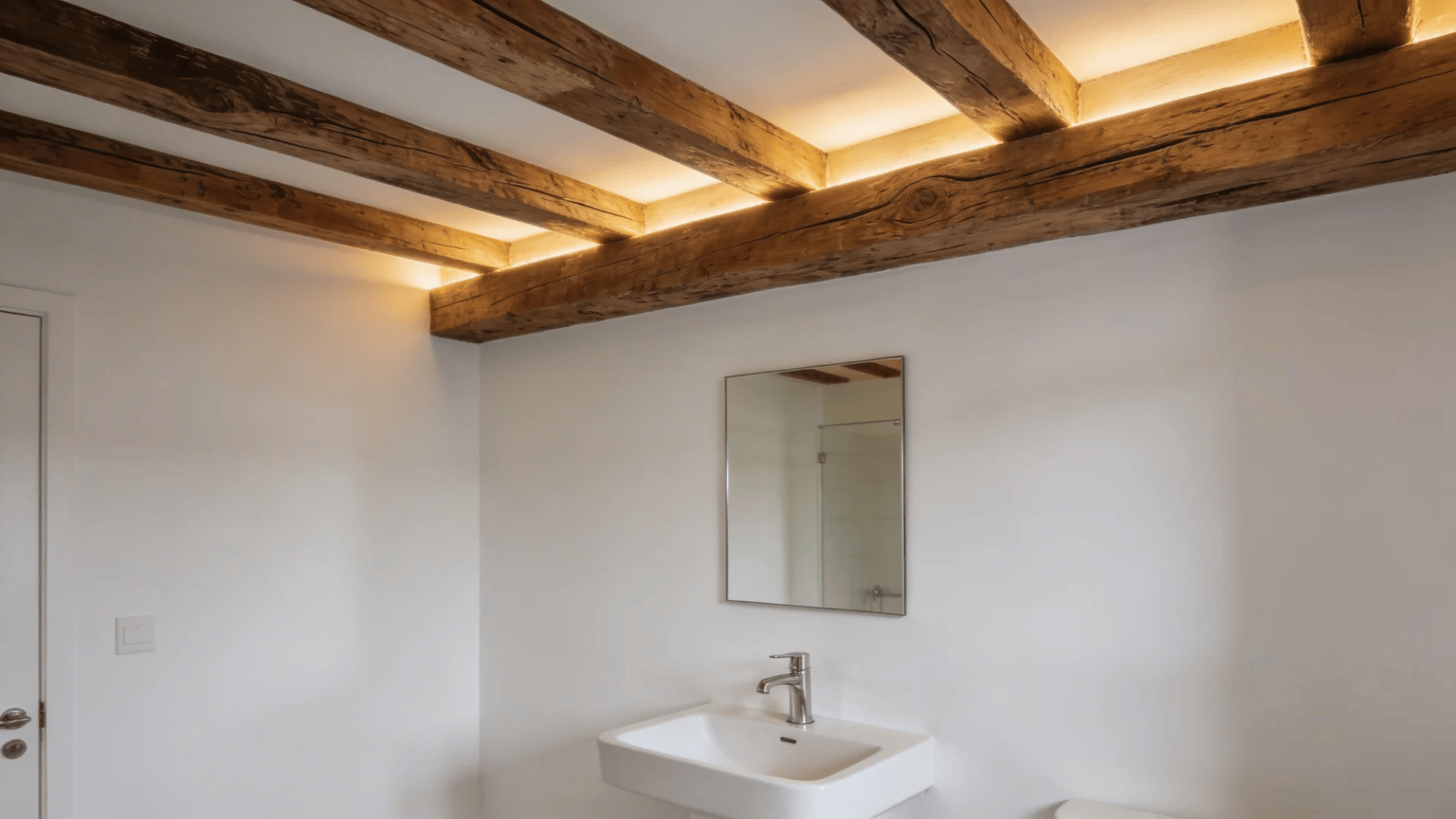 bathroom ceiling with exposed wooden beams and soft lighting creating warm rustic architectural detail
