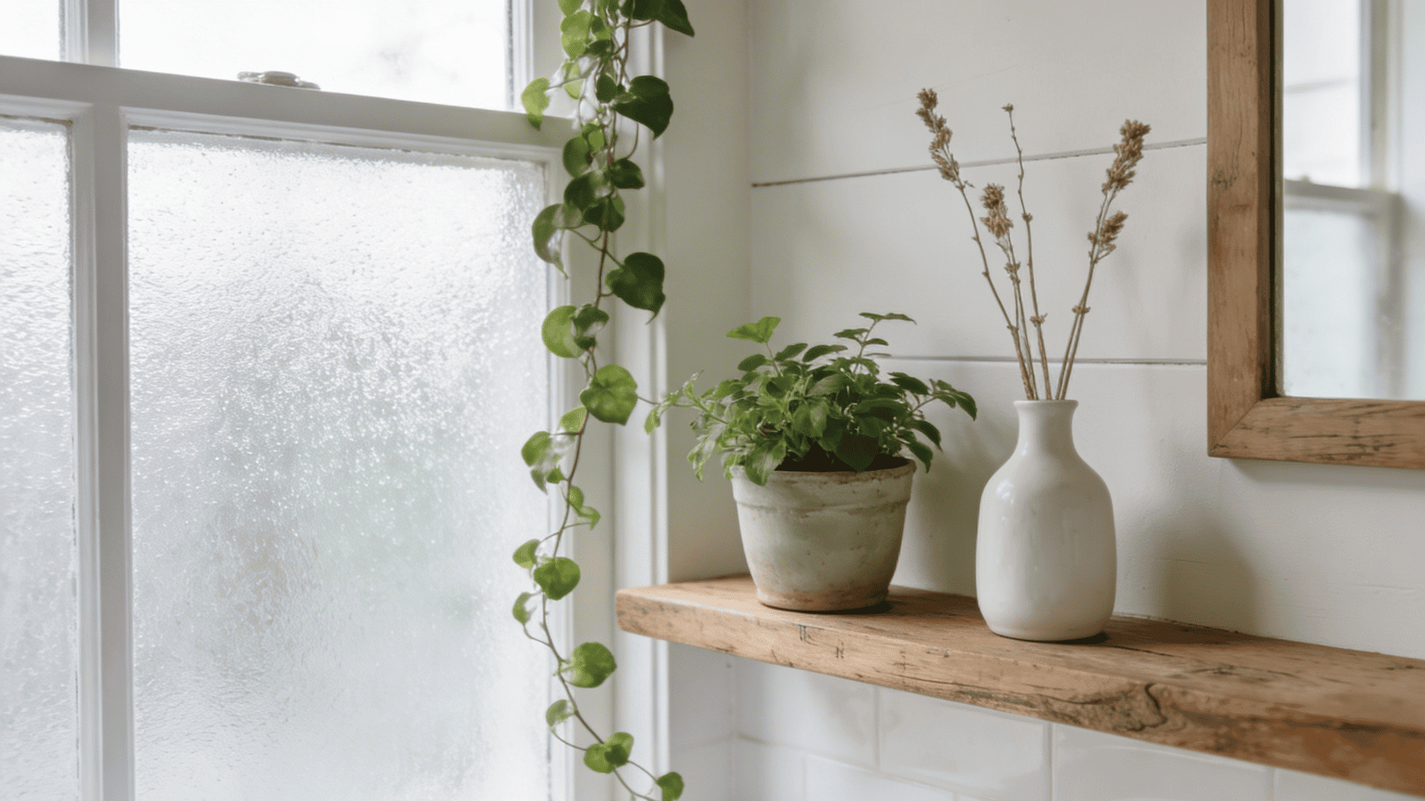 bathroom shelf with plant and vase near frosted window creating calm natural interior decor