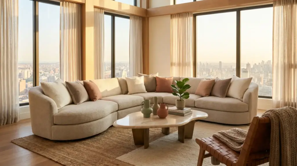 Beige sectional sofa with pillows in modern living room with city view and warm lighting
