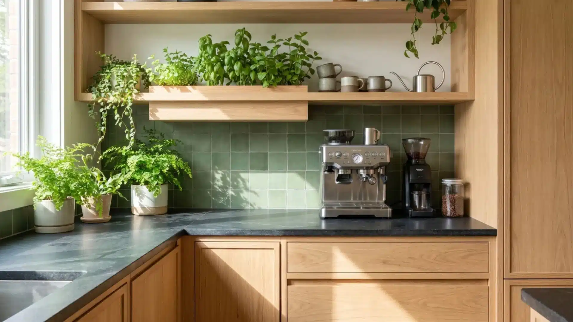 Biophilic coffee bar with raw wood cabinets, slate counter, herb planter, green tile, espresso machine, and stoneware mugs.