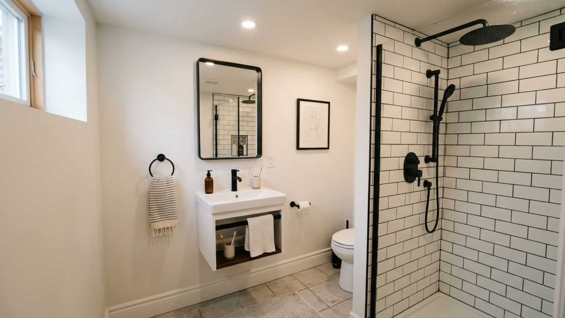 black and white basement bathroom with clean design simple layout matte black fixtures and modern minimal style