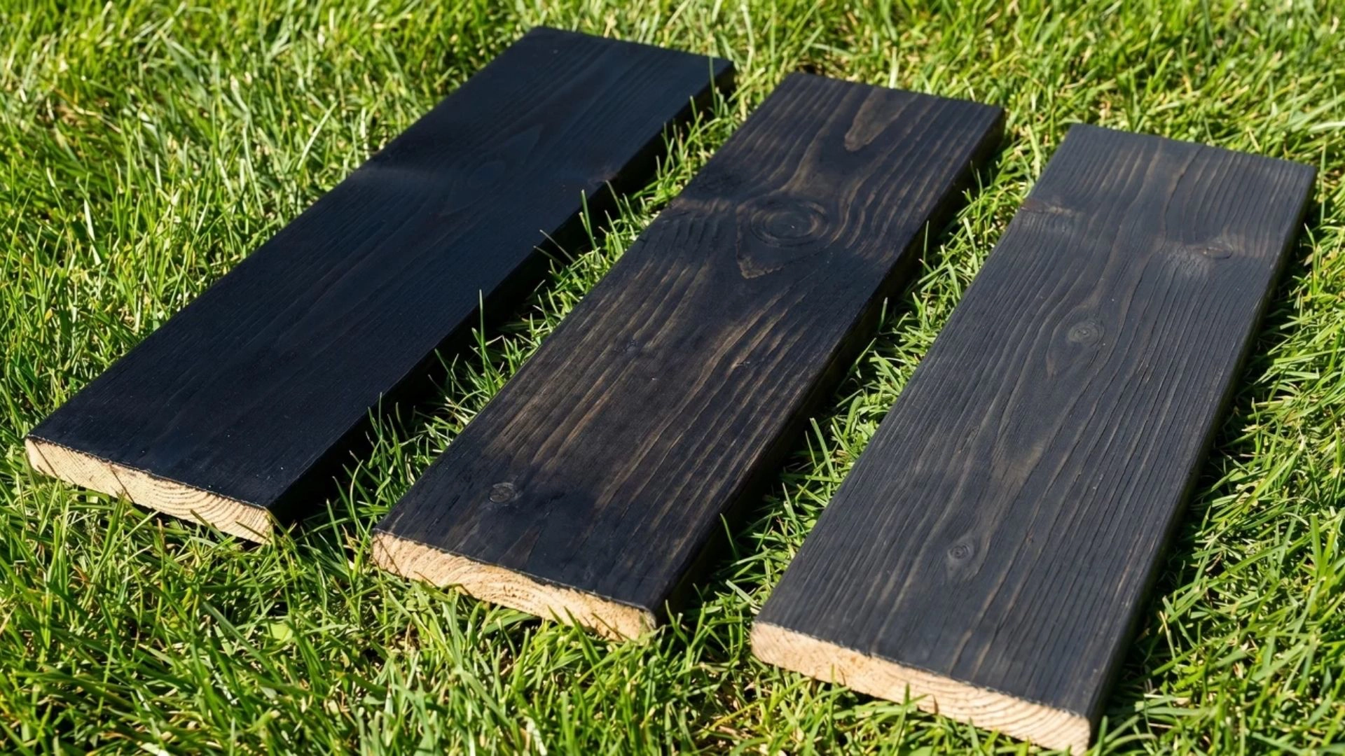 black stained pine boards including ebony and charcoal placed on grass showing deep grain contrast in daylight