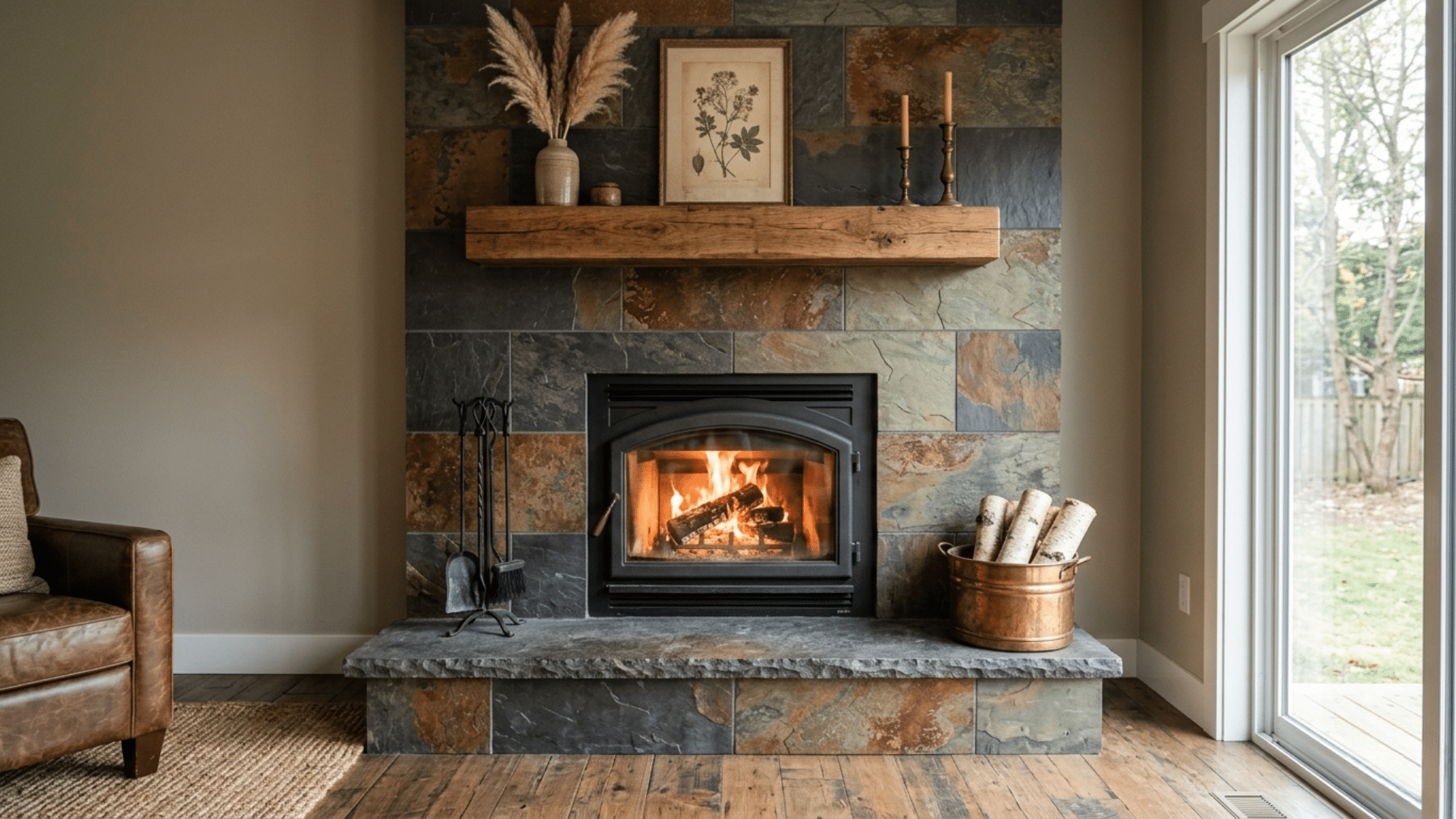 black tile fireplace design creating contrast and a striking centerpiece for the seating area
