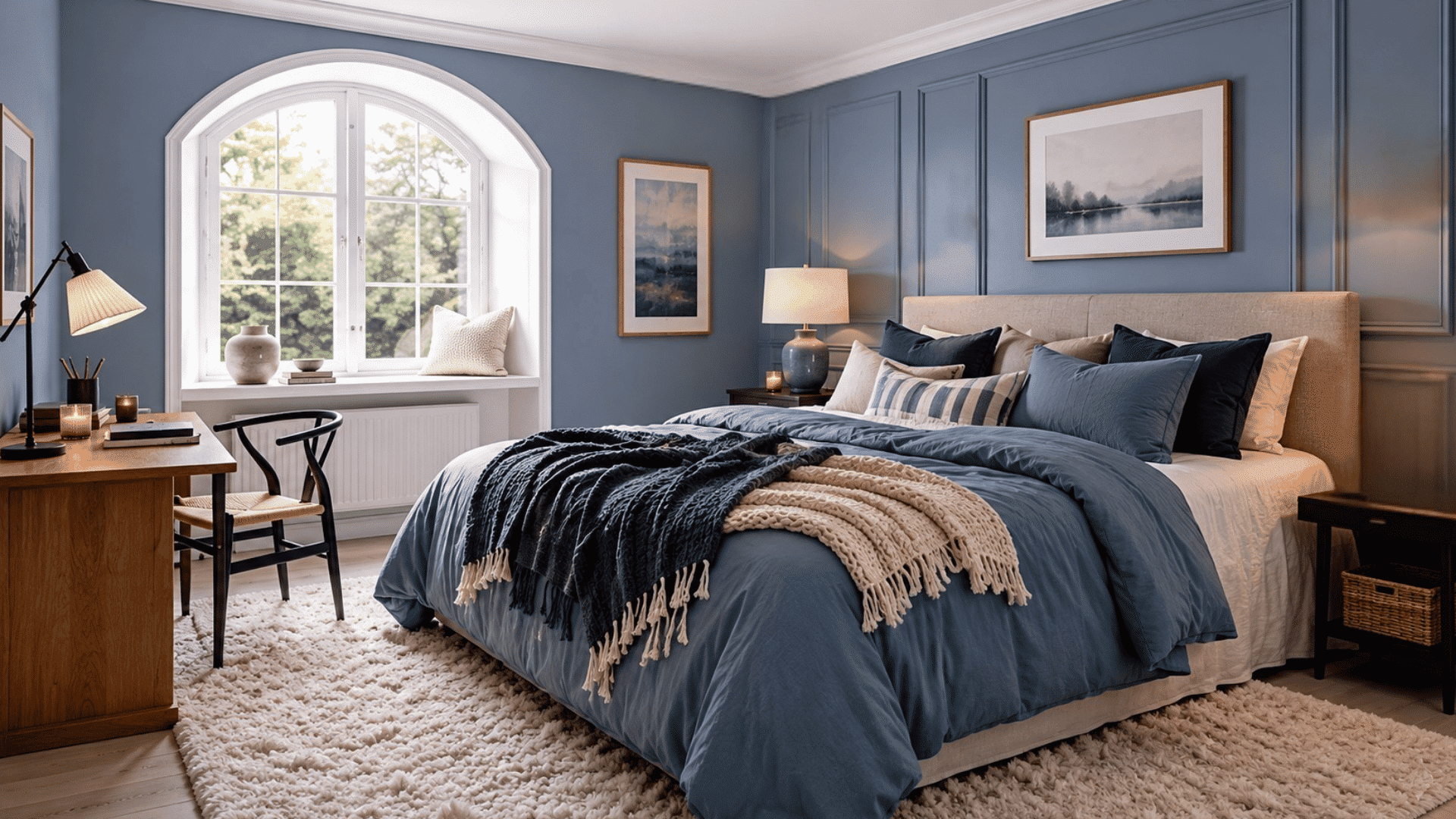 blue monochromatic bedroom with paneled accent wall layered blue bedding soft lighting and cozy modern furnishings