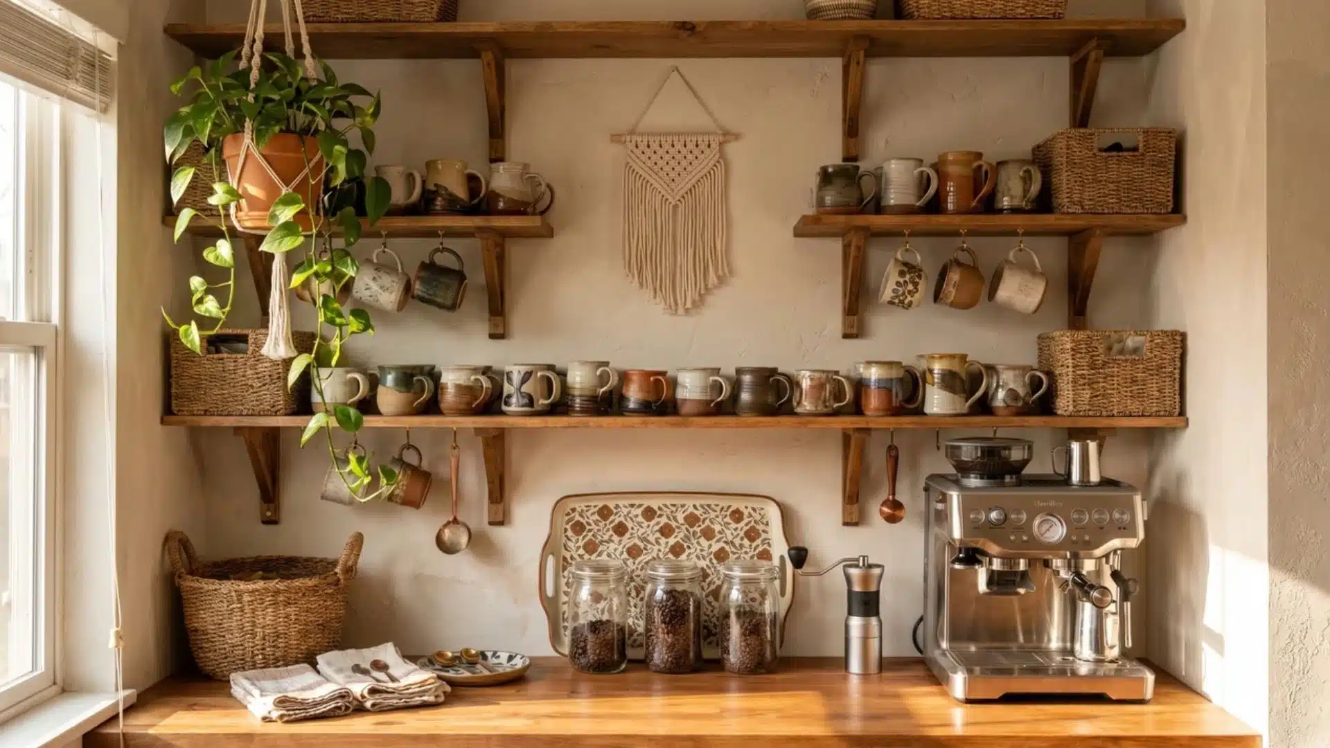 Bohemian coffee bar with open shelves, woven baskets, trailing plant, mismatched mugs, espresso machine, and warm light.