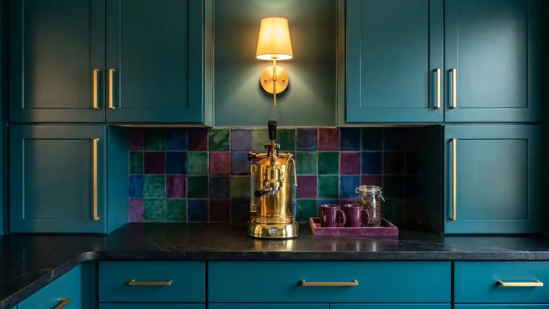 Jewel-tone coffee nook with deep teal cabinets, textured tile, gold hardware, espresso machine, plum mugs, and warm sconce.