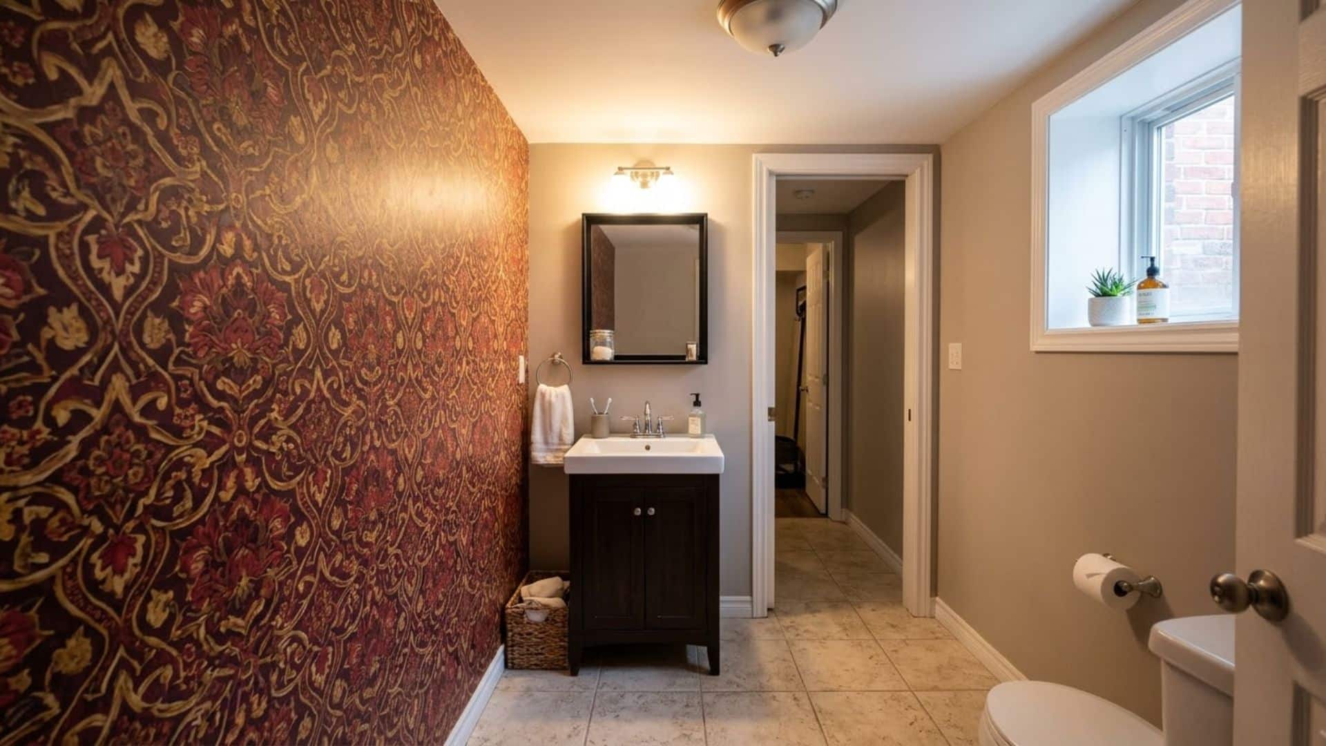 bold wallpaper feature wall in basement bathroom with neutral space clean layout and modern stylish interior design