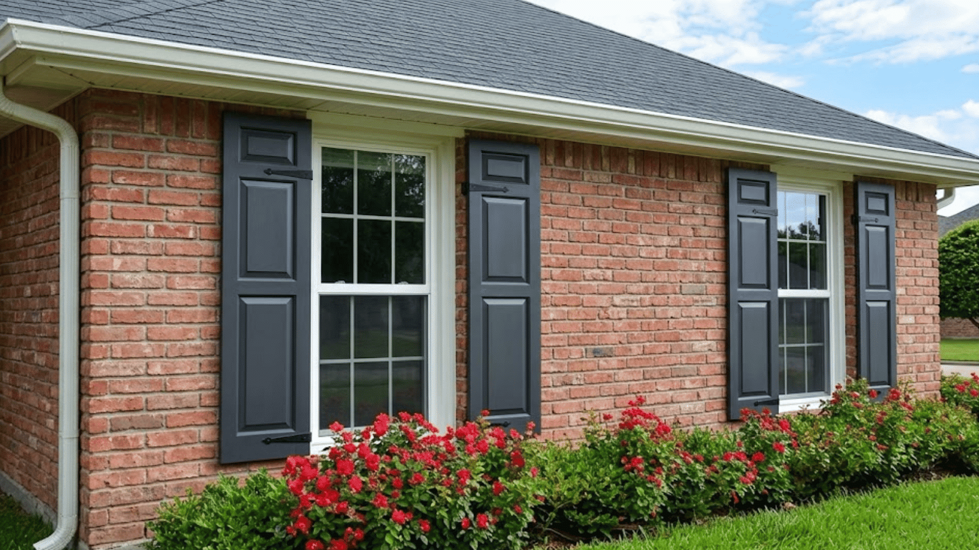 brick house exterior with dark raised panel shutters flanking white windows above red flowering shrubs and lawn greenery