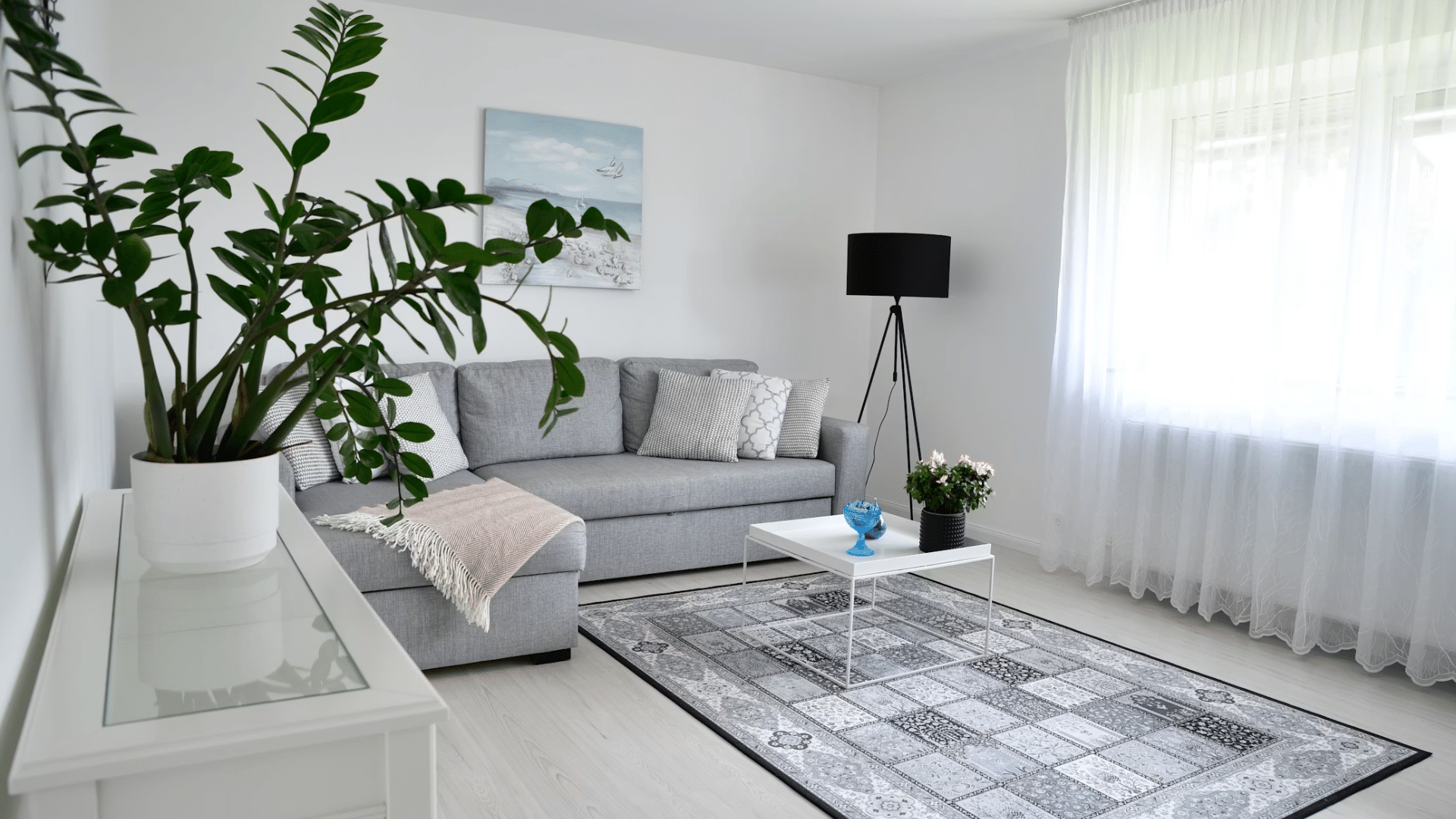 bright apartment interior with open layout decorative lighting and coordinated home decor