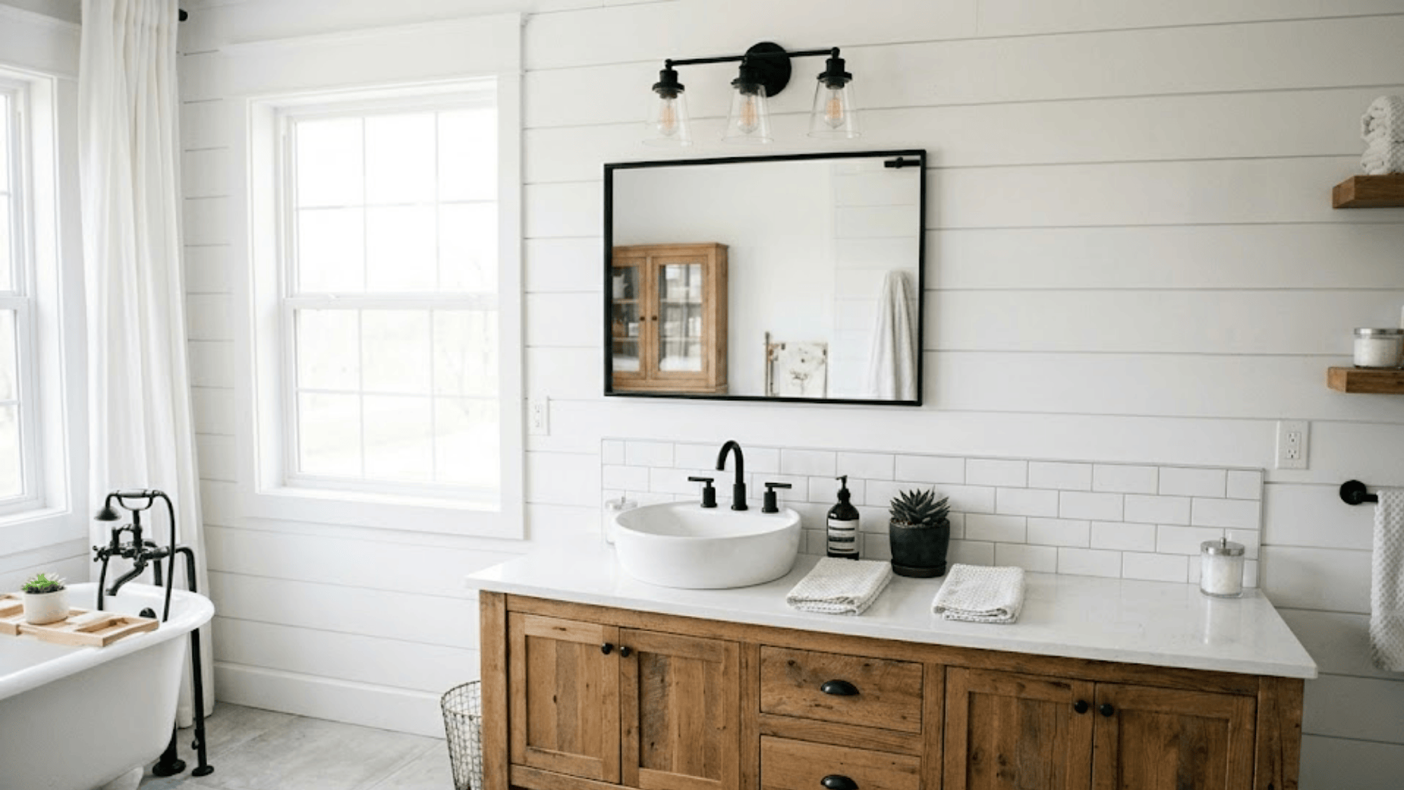 bright bathroom vanity with round sink wooden cabinet mirror and window light with clean minimal decor