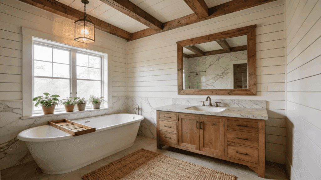 Top 31 Rustic Modern Farmhouse Bathroom Ideas bright bathroom with wooden vanity freestanding tub window plants and ceiling beams creating airy rustic feel