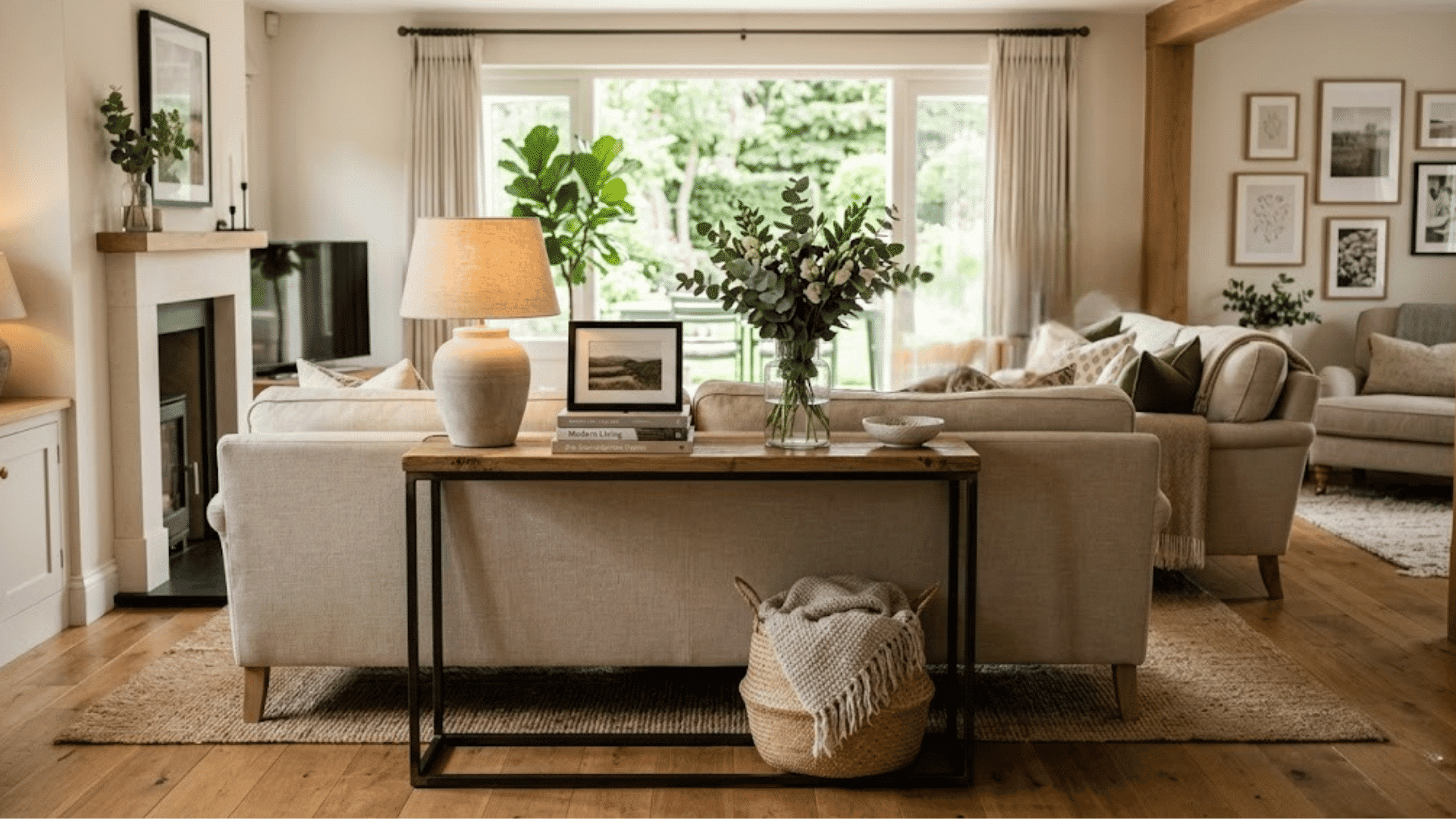 bright living room with beige sofas wooden console table and fresh greenery positioned before large garden facing windows