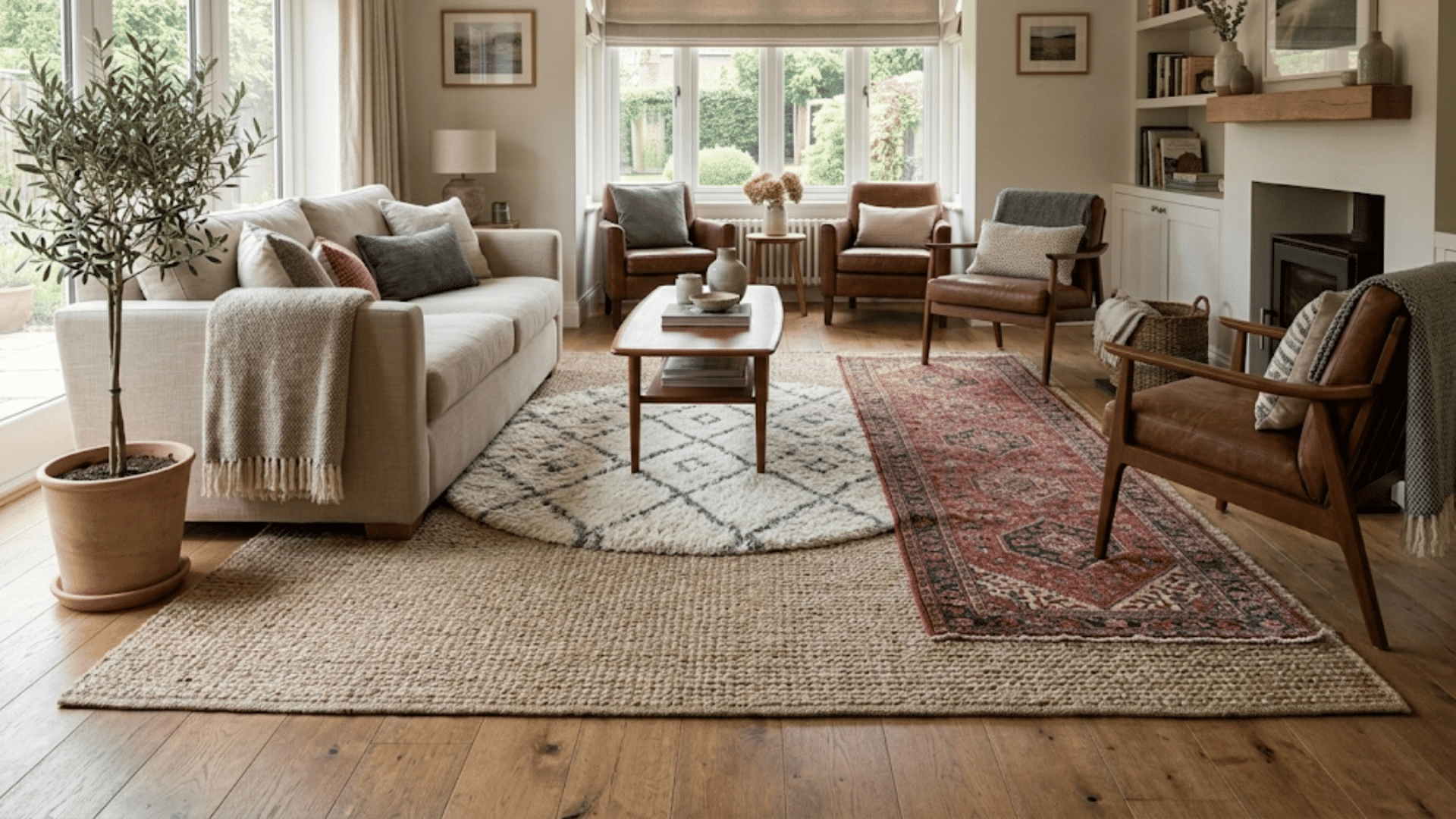 bright living room with cream sofa leather armchairs layered rugs and large windows overlooking a garden view (1)