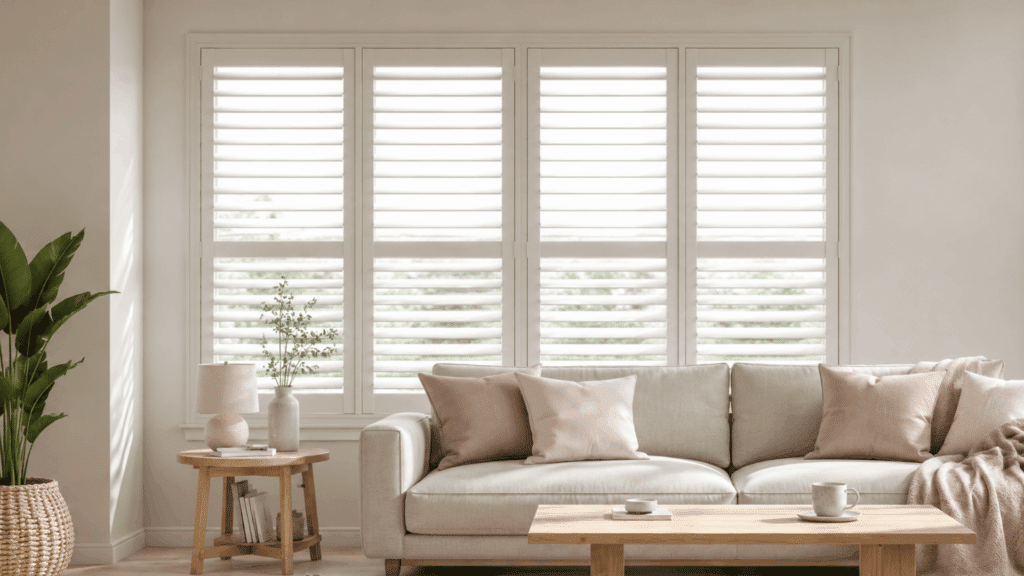 9 Types of Shutters: Designs, Styles, and Features bright living room with white plantation shutters beige sofa blush cushions and natural wood furniture