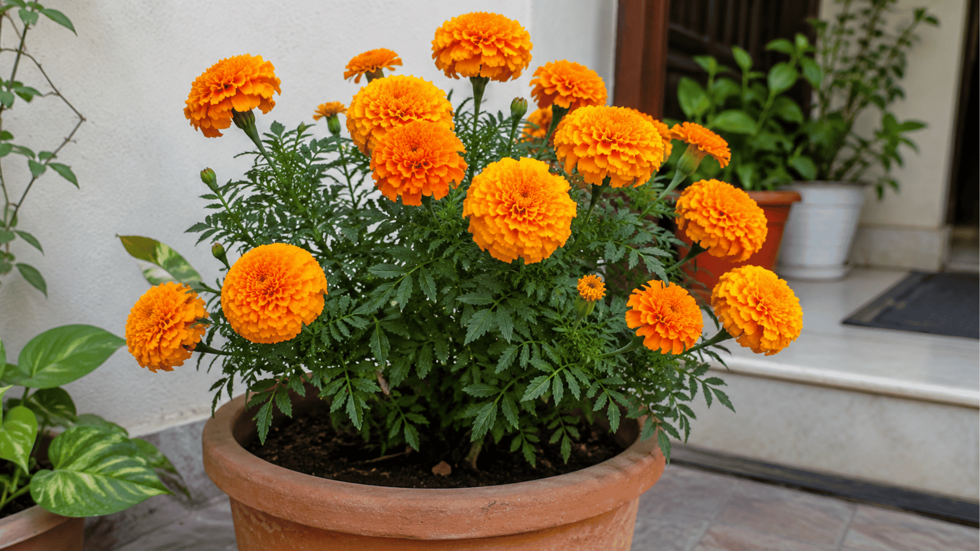 bright orange marigold flowers blooming in a clay pot with green foliage placed near a house entrance garden