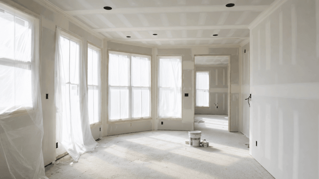 How to Hang a Drywall: A Simple Step-by-Step Guide bright unfinished room with newly installed drywall large windows and natural light ready for finishing work and paint