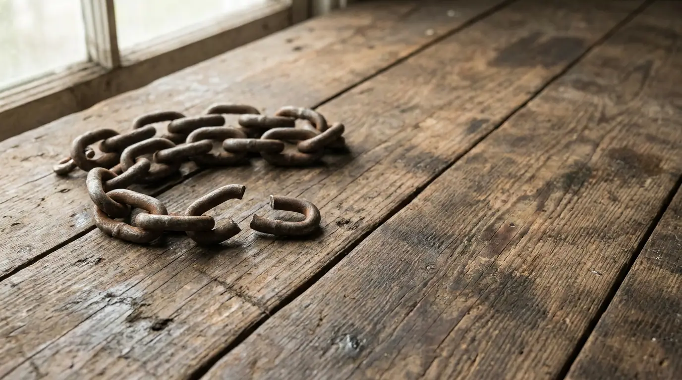 Rusty metal chain on worn wooden floor near old window