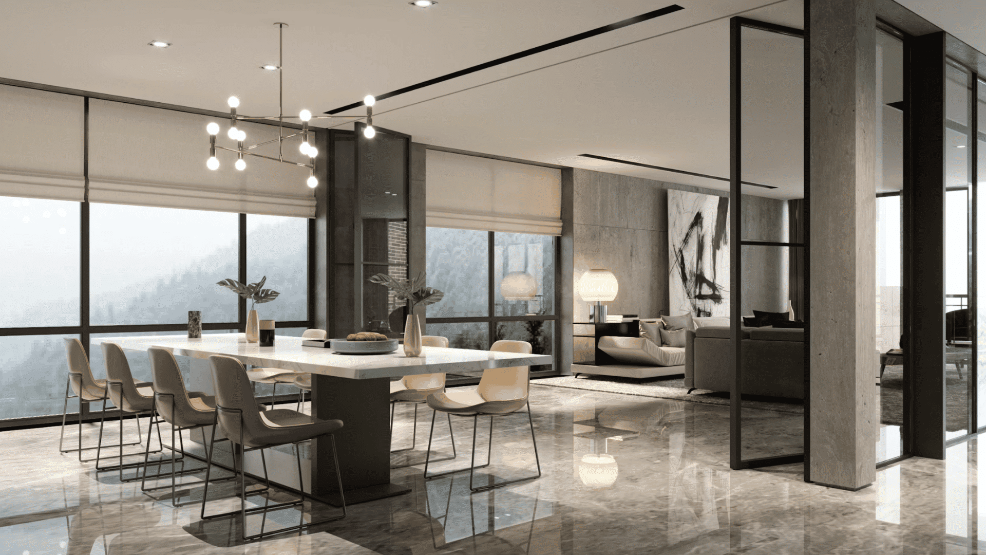 brown leather sofa besimodern open dining and living area with marble flooring large windows and minimalist furniture throughoute a modern coffee table on textured gray carpet in a contemporary li