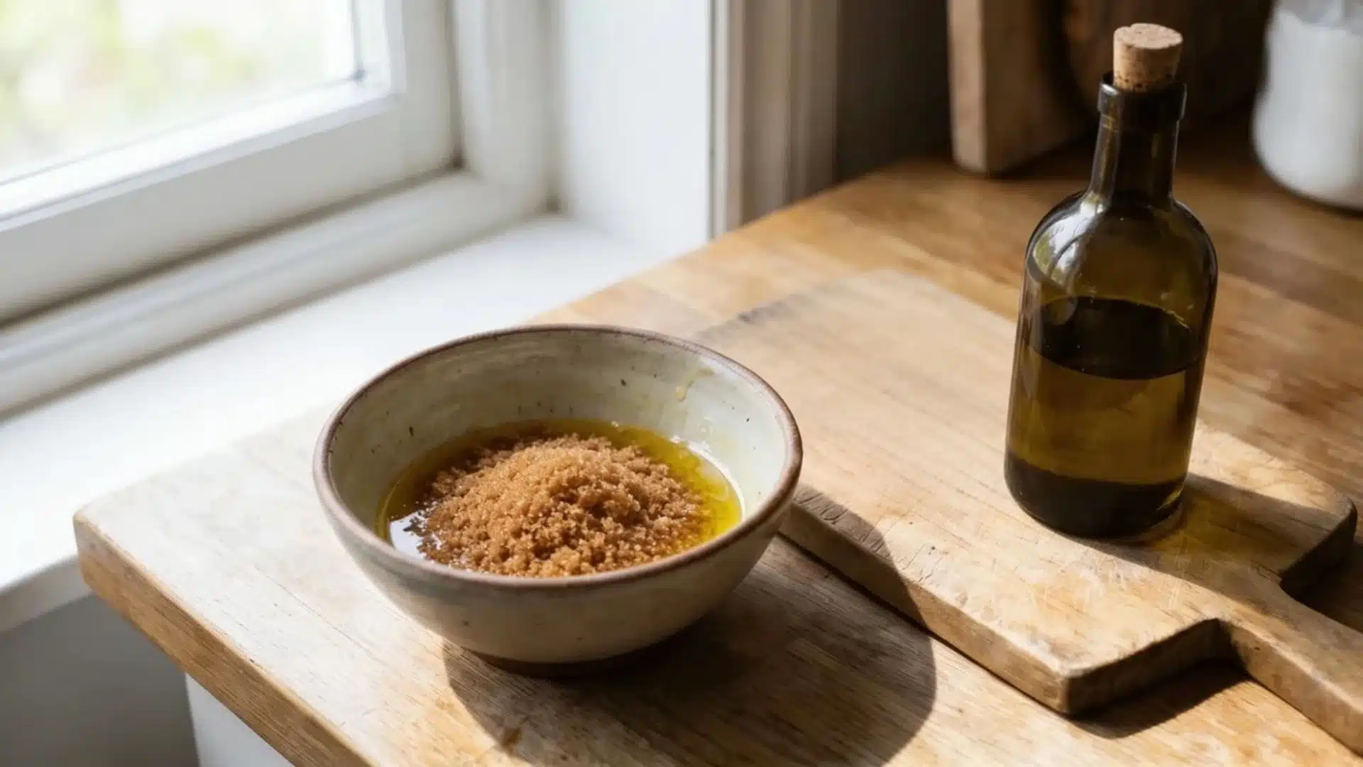 brown sugar and olive oil mixture in bowl for flaky scalp mask