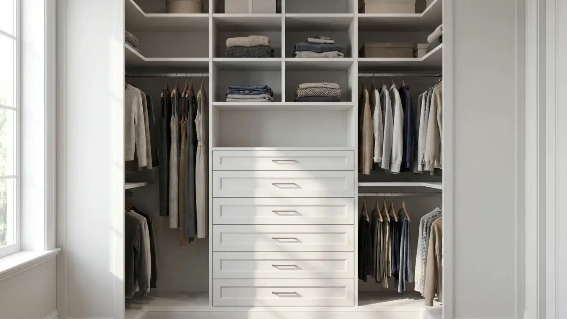 built-in wire basket tower inside walk-in closet with sliding storage drawers integrated into cabinetry