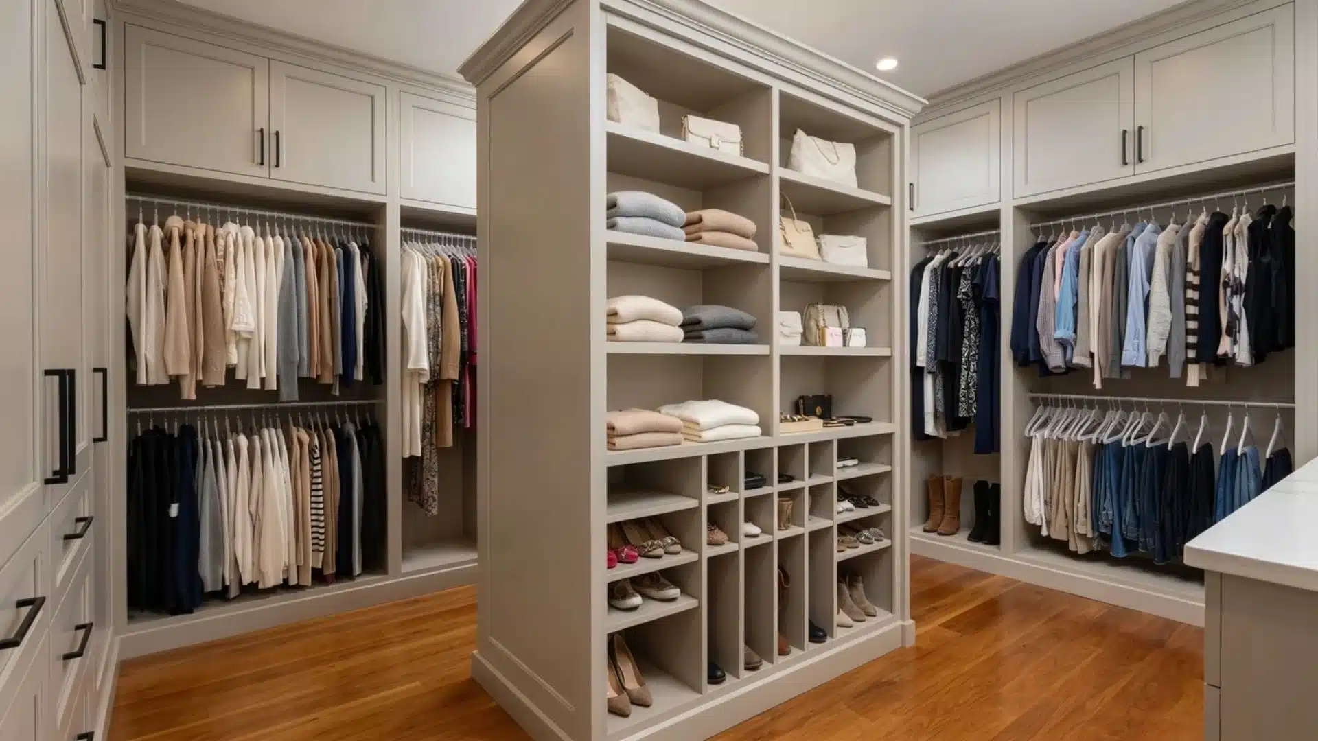 center shelf tower dividing a walk-in closet into left and right hanging sections with shelves in the middle