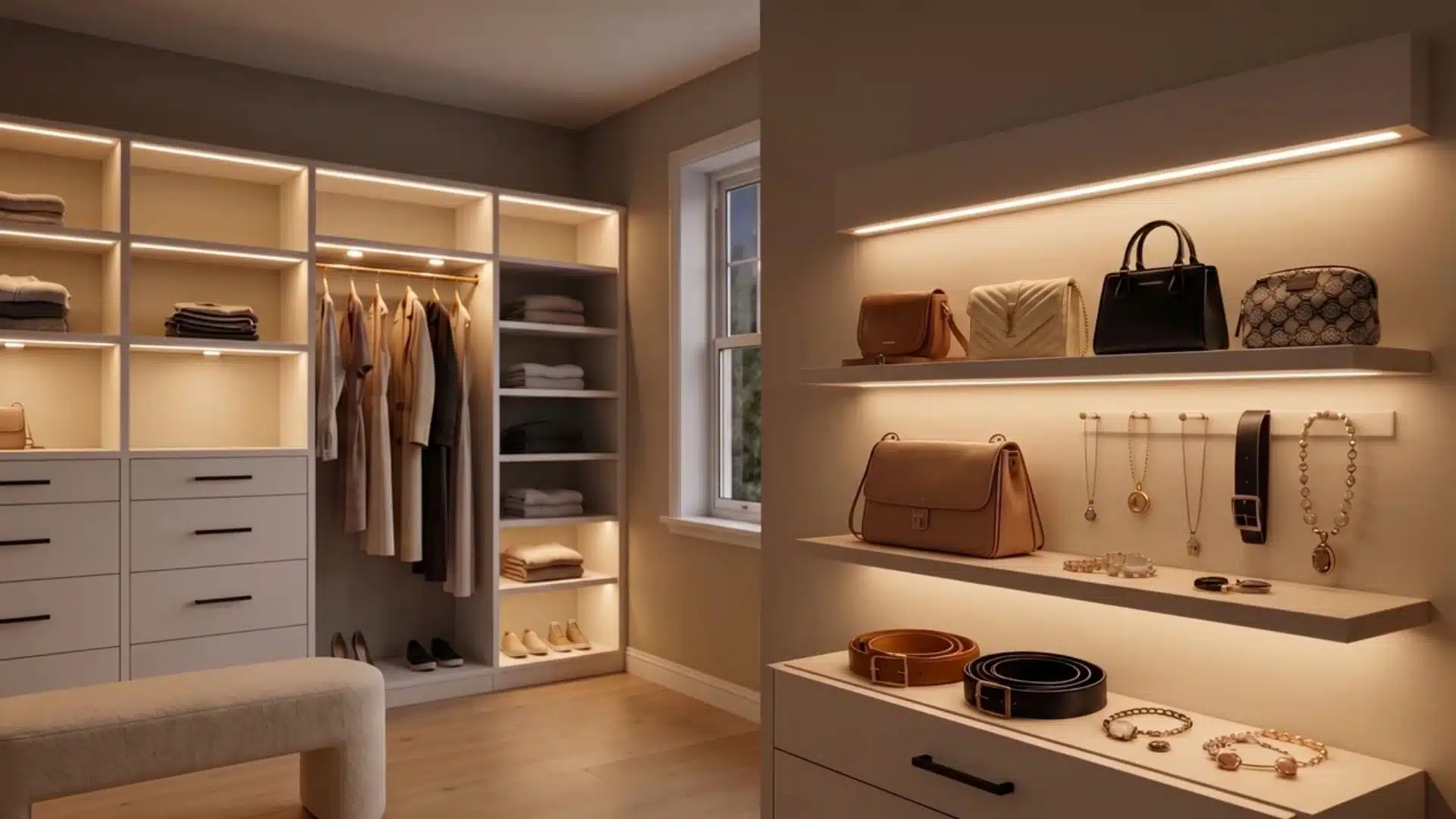 Accessory wall with matte black hooks and greige shelves organizing handbags and belts in an upscale walk-in closet.