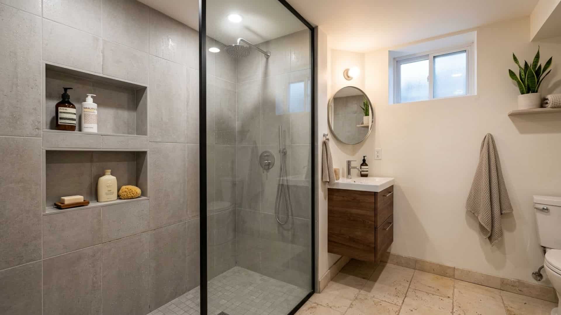 built in shower niche in basement bathroom with storage for shampoo and soap clean modern uncluttered design