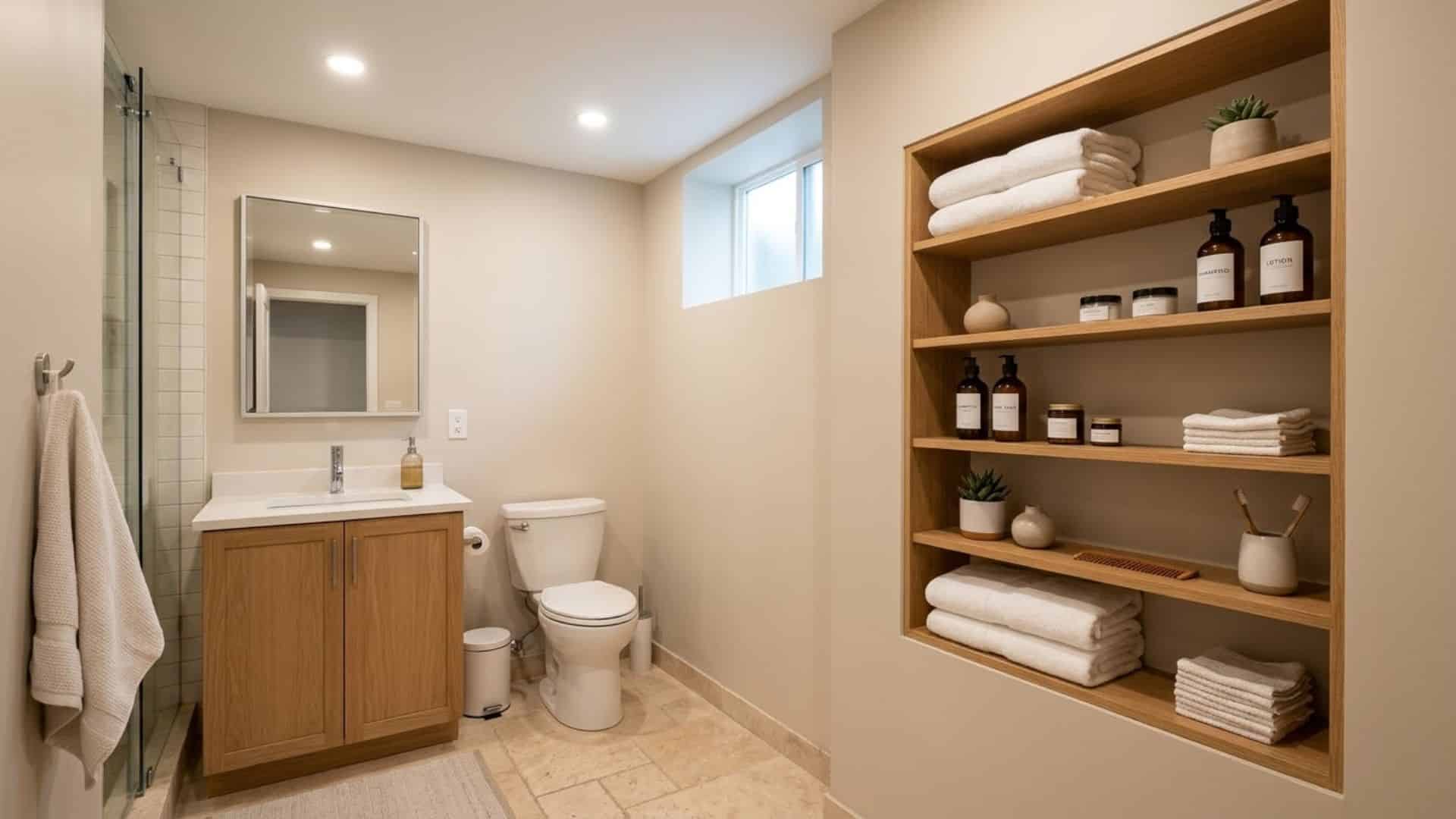 built in wall shelves in basement bathroom with towels and storage clean compact organized modern design
