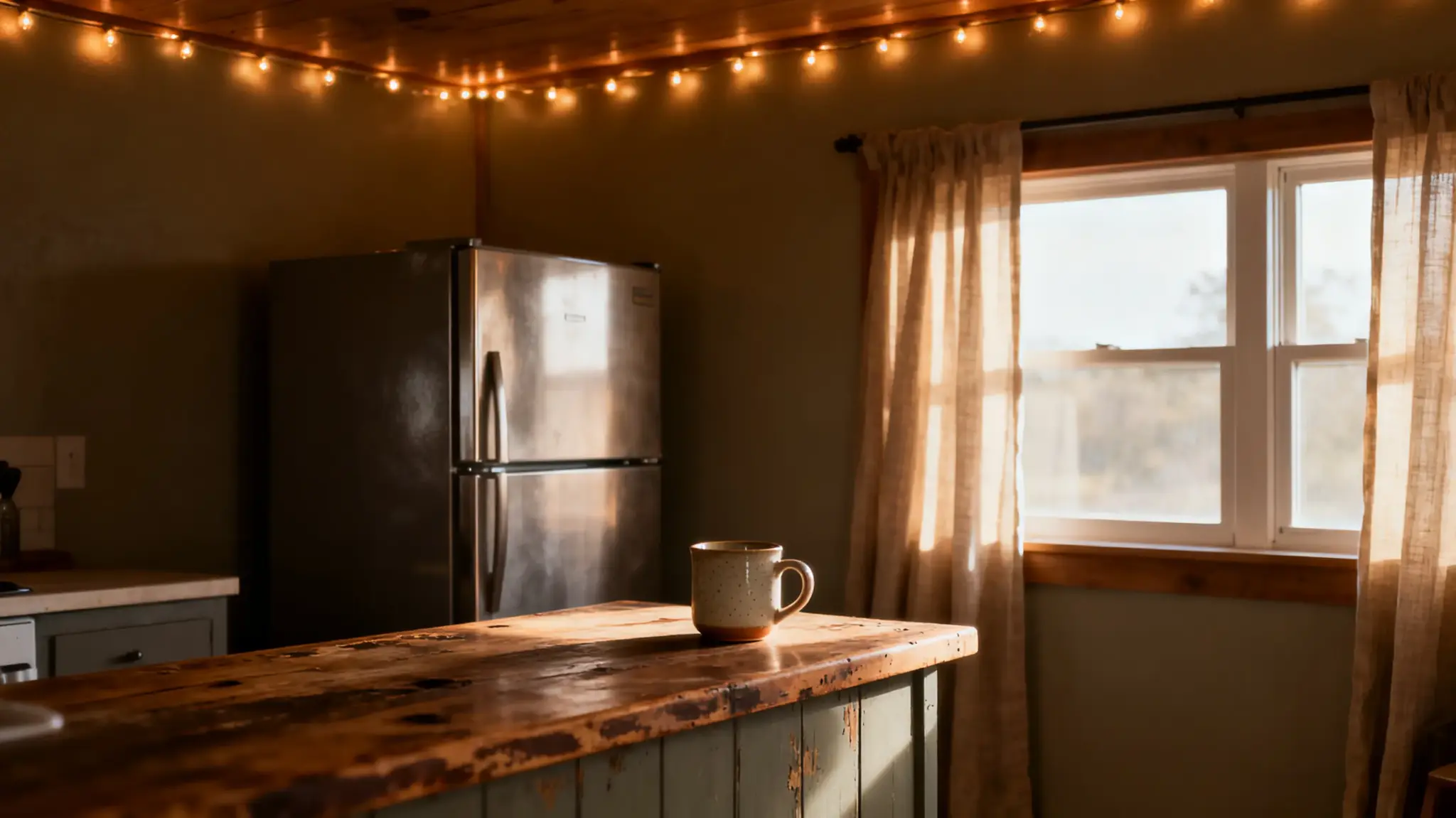 Rustic kitchen with ceramic mug on wooden counter, warm string lights overhead