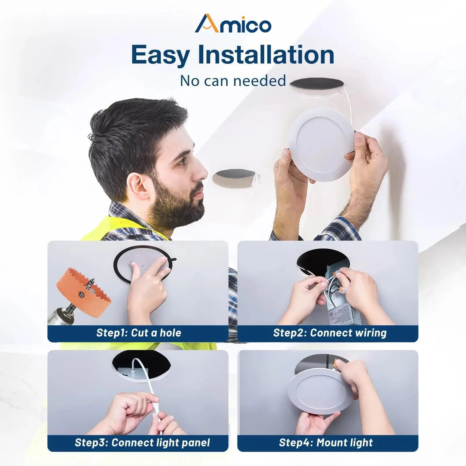 Man installing round light fixture on ceiling with step-by-step guide below