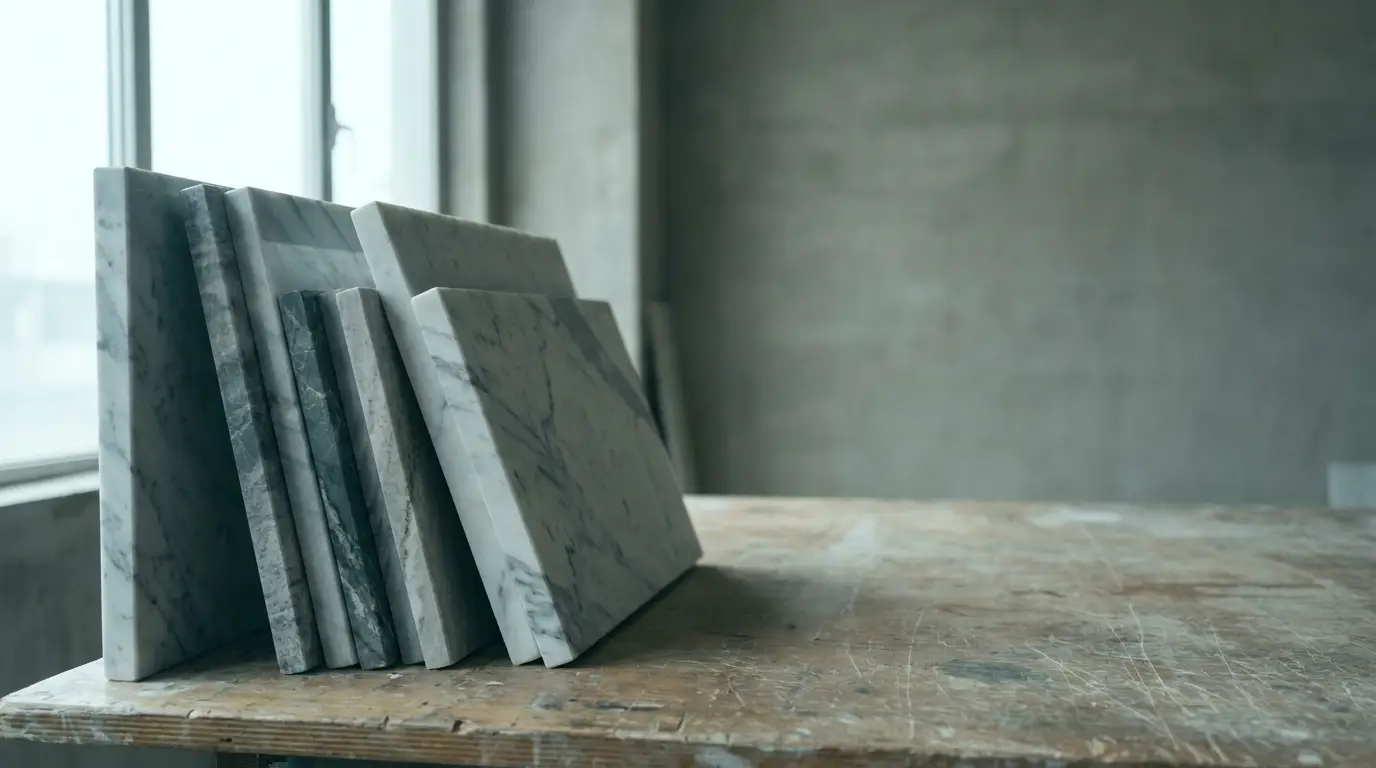 Marble slabs leaning against a wall on a wooden table in a minimalist room