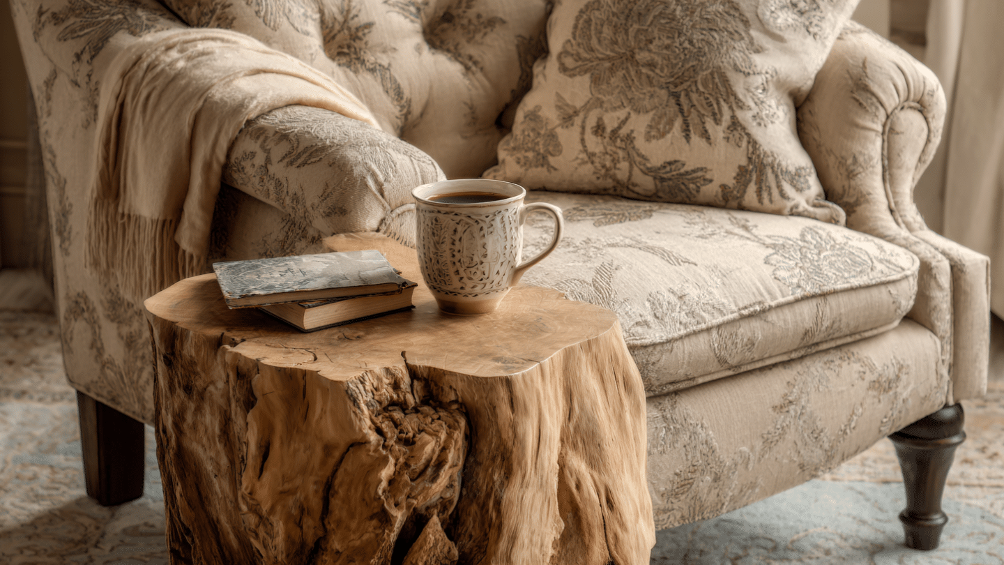 carved ceramic mug on a natural wood stump table beside books and a patterned armchair with a soft throw blanket (1)