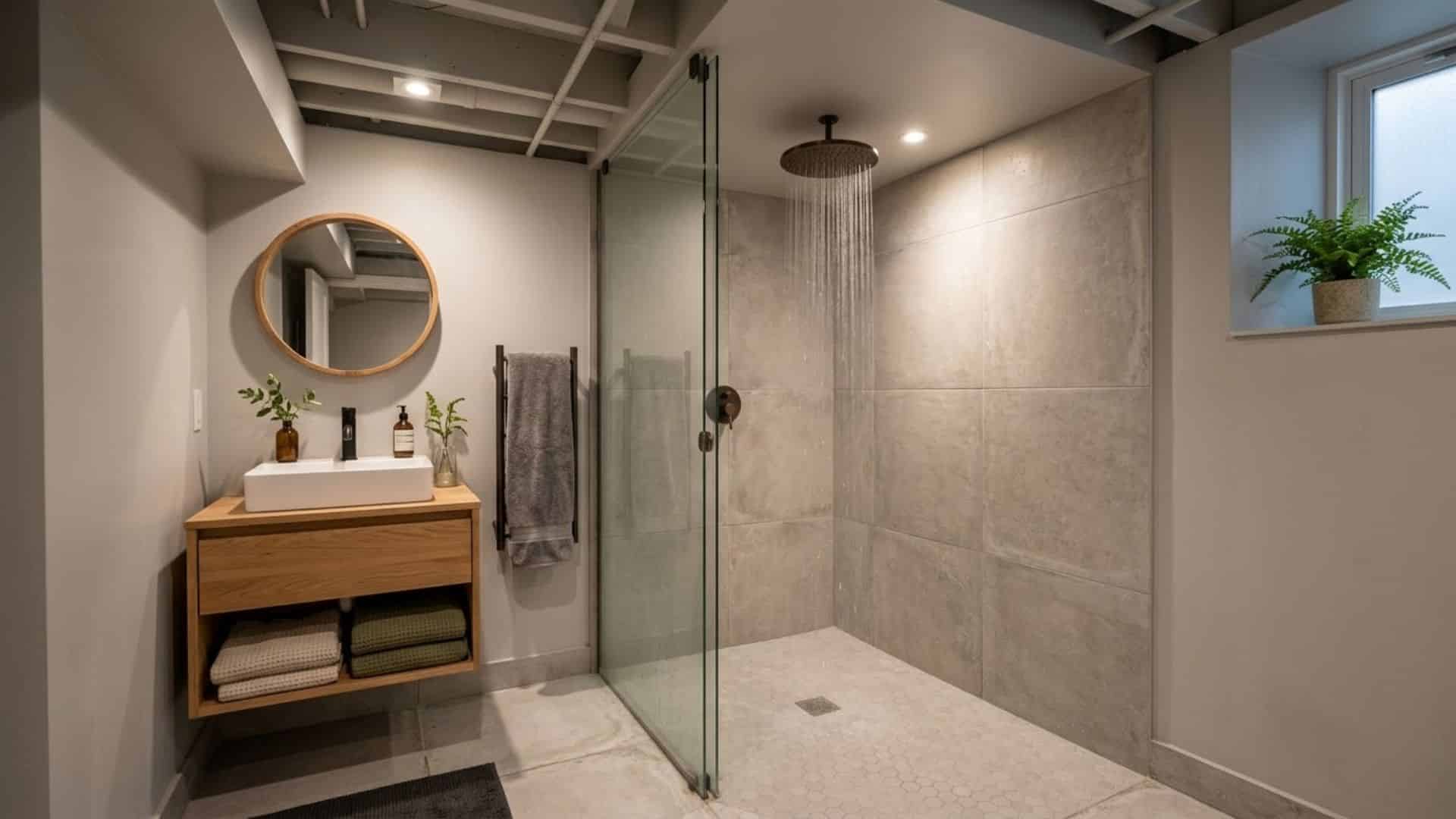 ceiling rainfall shower in basement bathroom with soft water flow neutral tiles and calm spa like modern design