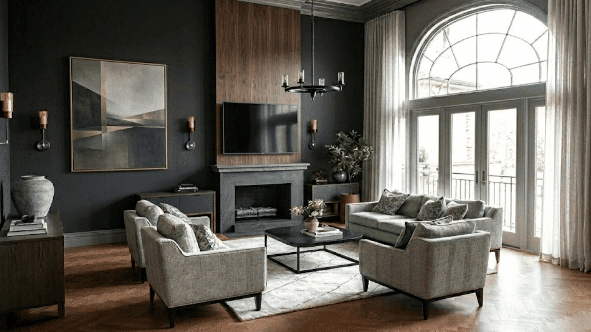 charcoal and black monochromatic living room with dark walls layered neutrals elegant furnishings and dramatic natural light