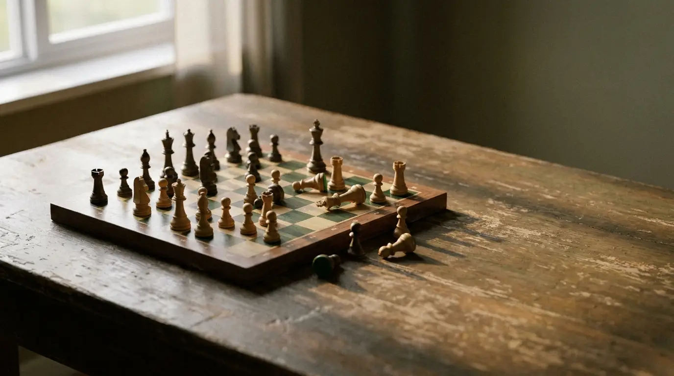 Chessboard with wooden pieces on rustic table in sunlit room